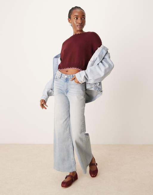 Miss Selfridge blanket stitch jumper in burgundy