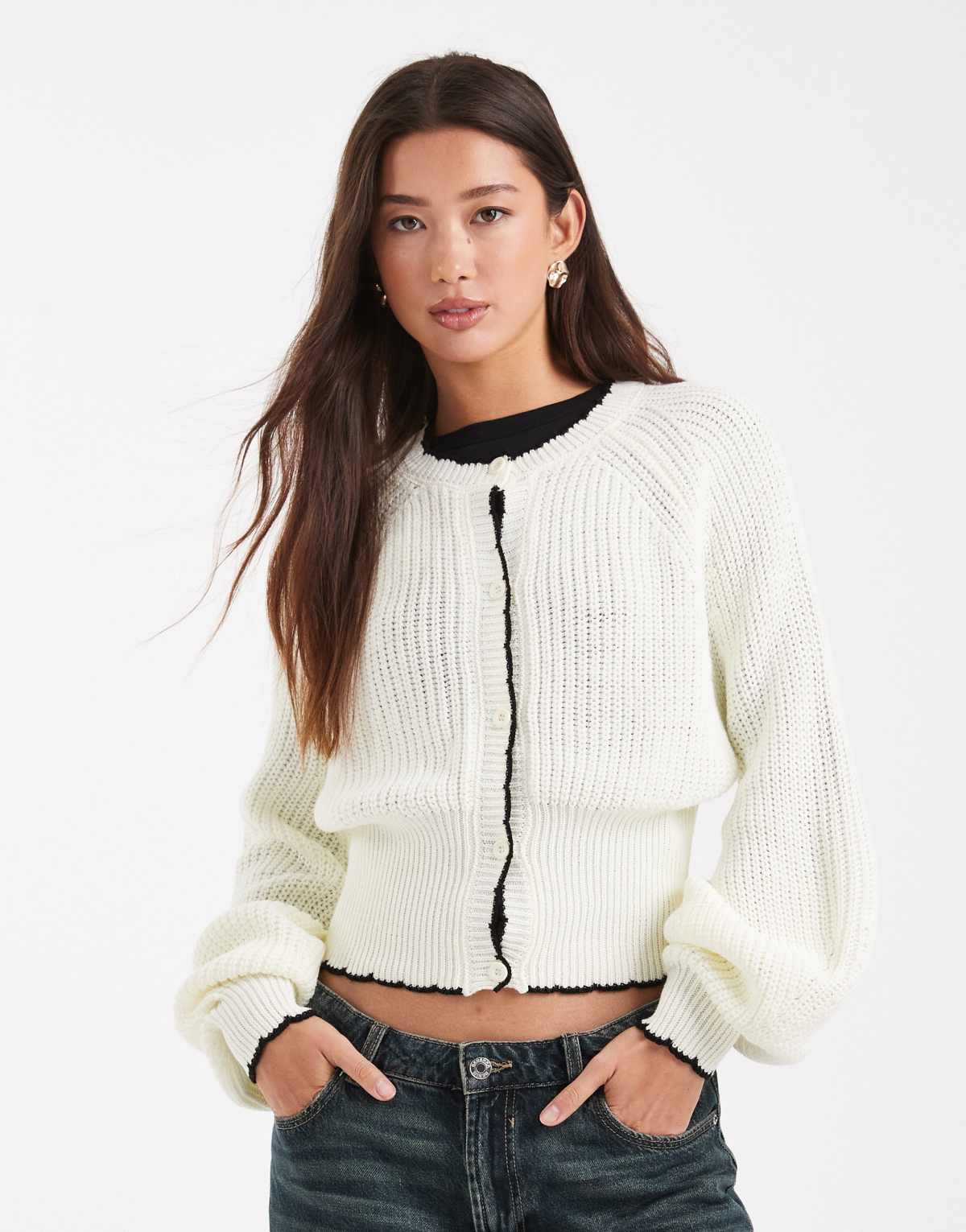 Miss Selfridge  blanket stitch knit cardigan in cream