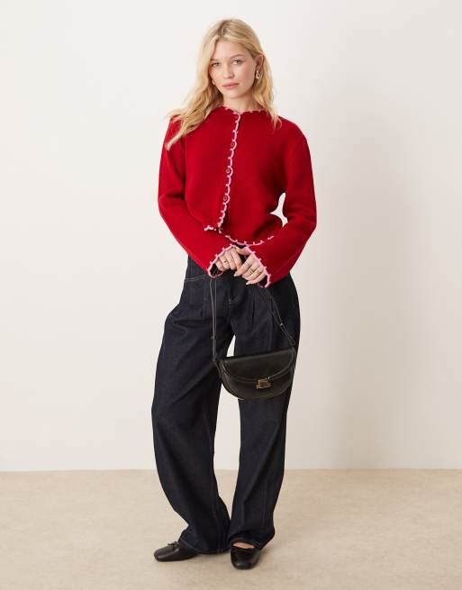 Miss Selfridge blanket stitch knit cardigan in red