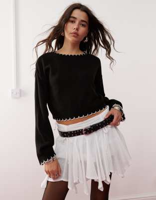 Miss Selfridge Blanket Stitch Knit Sweater In Black