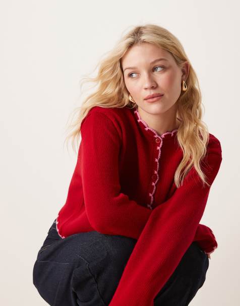 Miss Selfridge blanket stitch knitted cardigan in red - view 1