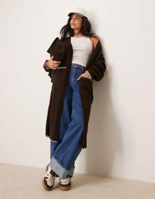 Miss Selfridge blanket stitch maxi cardigan in chocolate-Brown