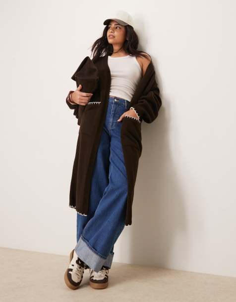Miss Selfridge blanket stitch maxi cardigan in chocolate - view 1