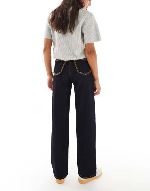 Miss Selfridge blanket stitch pocket straight leg jean in indigo