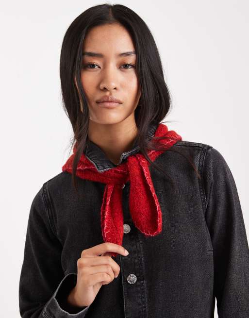 Miss Selfridge blanket stitch pointelle triangle mini scarf in red with soft pink stitching, 2 of 3