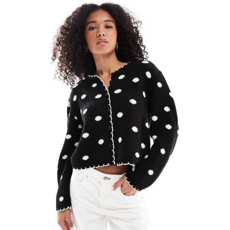 Miss Selfridge blanket stitch polka dot cardigan in black | ASOS