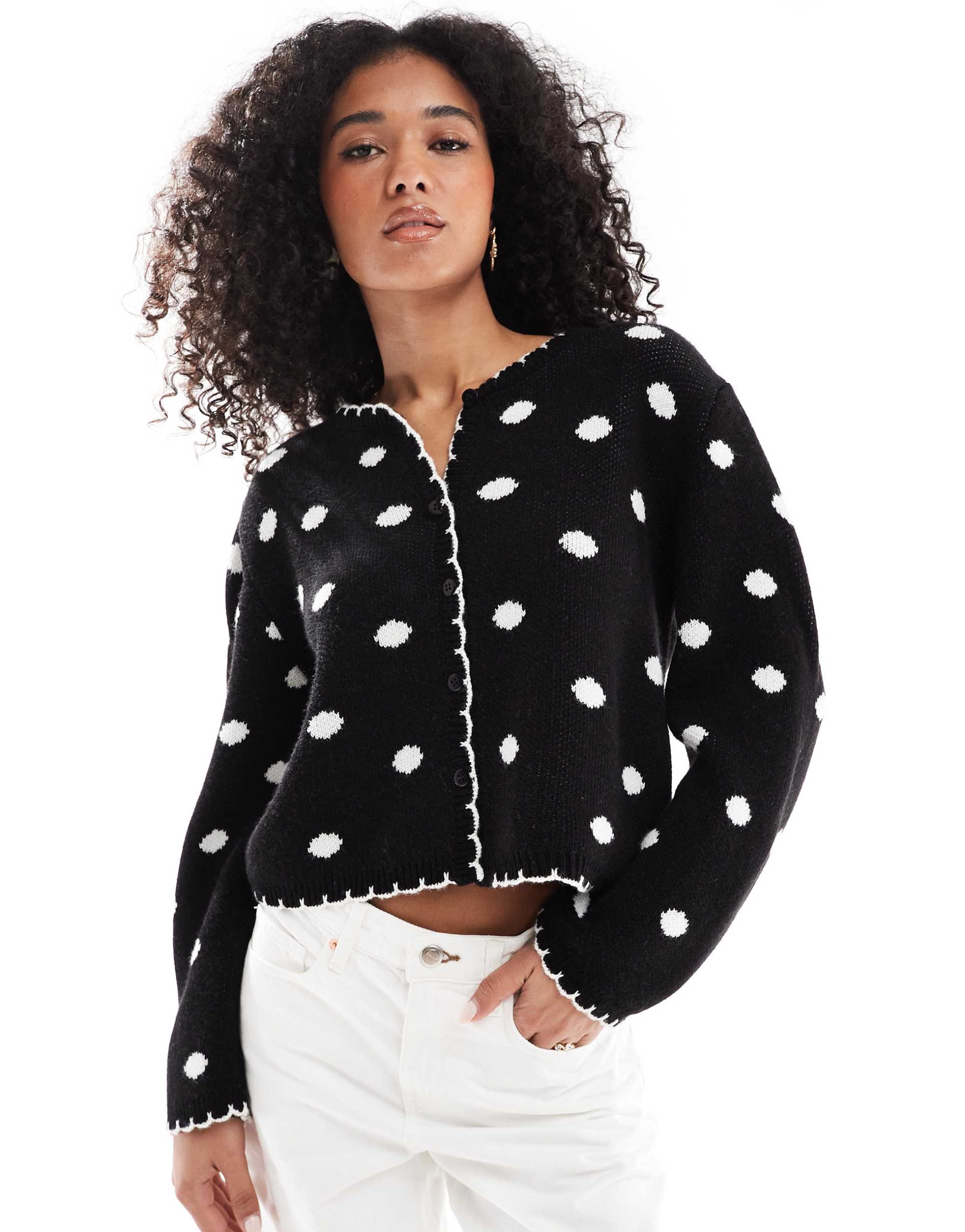 miss selfridge blanket stitch polka dot cardigan in black