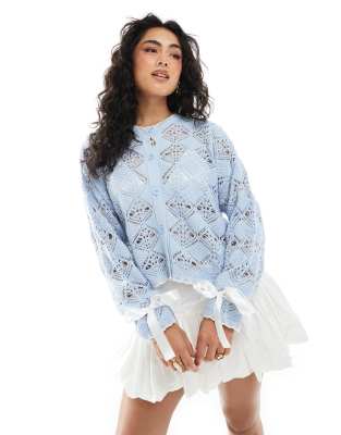 Miss Selfridge Blanket Stitch Satin Bow Cuff Cardigan In White