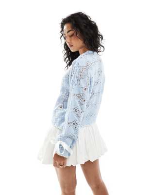Shop Miss Selfridge Blanket Stitch Satin Bow Cuff Cardigan In White