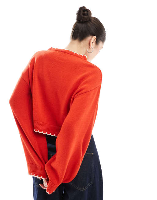 Miss Selfridge blanket stitch swan heart jumper in red, 4 of 4