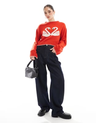 MISS SELFRIDGE BLANKET STITCH SWAN HEART SWEATER 