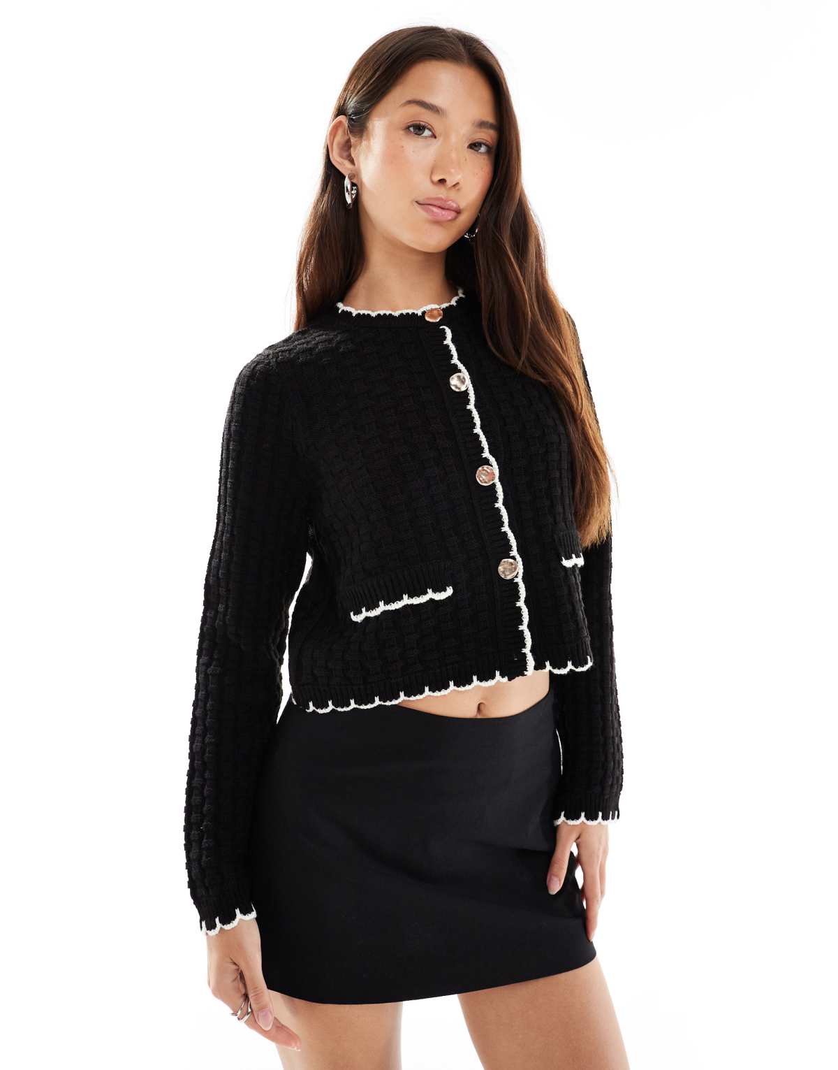 Miss Selfridge blanket stitch texture cardigan in black