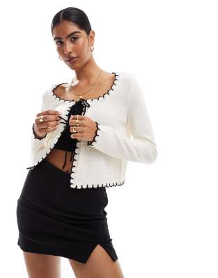 blanket stitch tie front cardigan-White