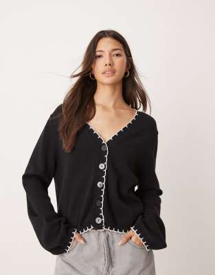 blanket stitch v neck cardigan-Black