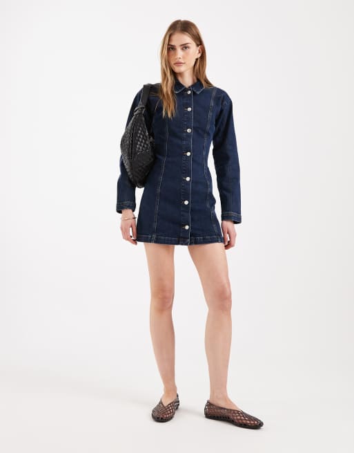 Miss Selfridge – Blåtvättad miniklänning med långa ärmar och knappar, 4 av 4