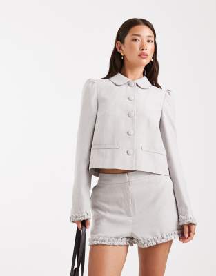 Blazer boutonné d'ensemble à manches bouffantes - Gris 40