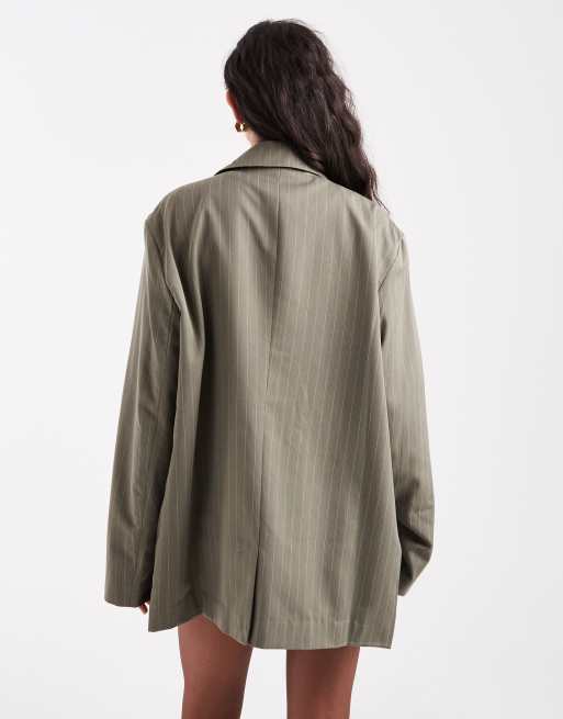 Miss Selfridge - Blazer doppiopetto oversize extra largo kaki gessato in coordinato, 2 di 4