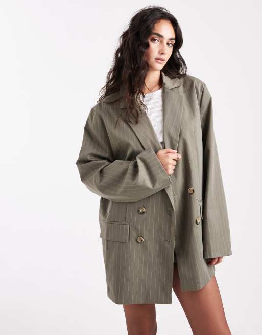 Miss Selfridge - Blazer doppiopetto oversize extra largo kaki gessato in coordinato, 4 di 4