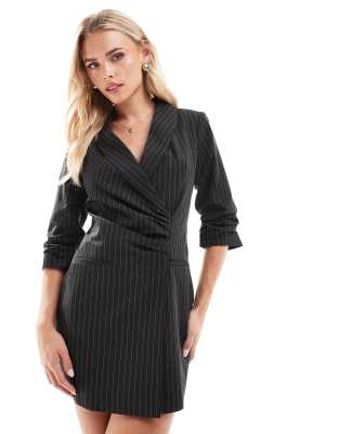 Miss Selfridge blazer dress with ruched detail in pinstripe-Black