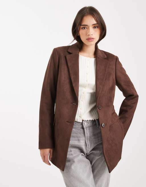 Miss Selfridge - Blazer in camoscio sintetico color cioccolato, 2 di 4