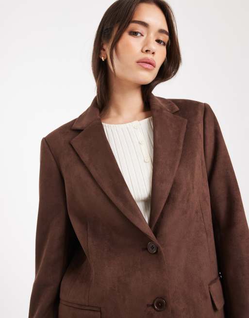 Miss Selfridge - Blazer in camoscio sintetico color cioccolato, 3 di 4