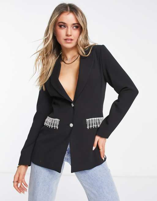 Miss Selfridge - Blazer met afwerking met siersteentjes in zwart