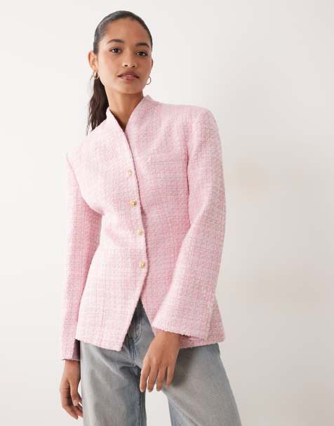 Miss Selfridge blazer zonder kraag in roze bouclé - view 1
