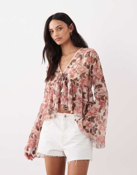 Miss Selfridge – Blommig blus med utsvängda ärmar och volang - view 1