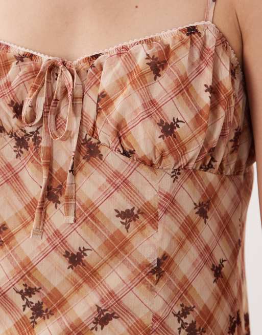 Miss Selfridge – Blommig och rutig maxiklänning med knytning framtill, 3 av 4