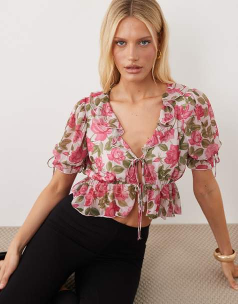 Miss Selfridge – Blommig tea-topp med knytning framtill - view 1