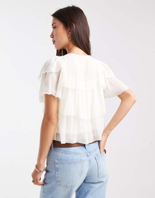 Miss Selfridge - Blouse en mousseline froncée avec liens sur le devant - Écru, 4 de 4