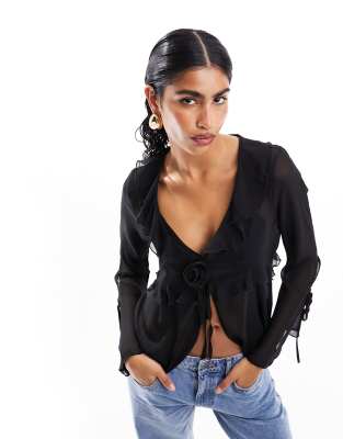 Miss Selfridge sheer chiffon corsage blouse in black - ASOS Price Checker