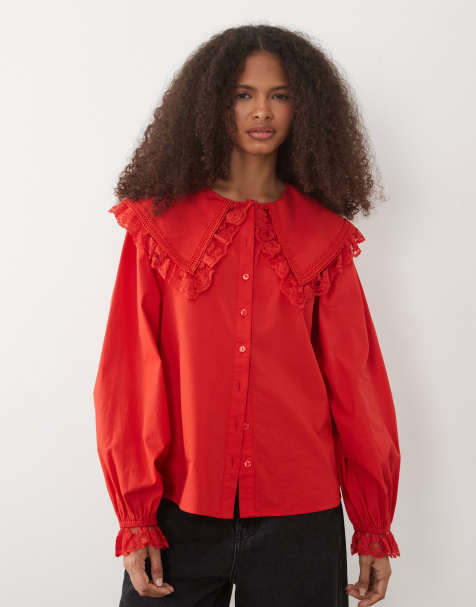 Miss Selfridge blouse met kanten kraag in rood - view 1