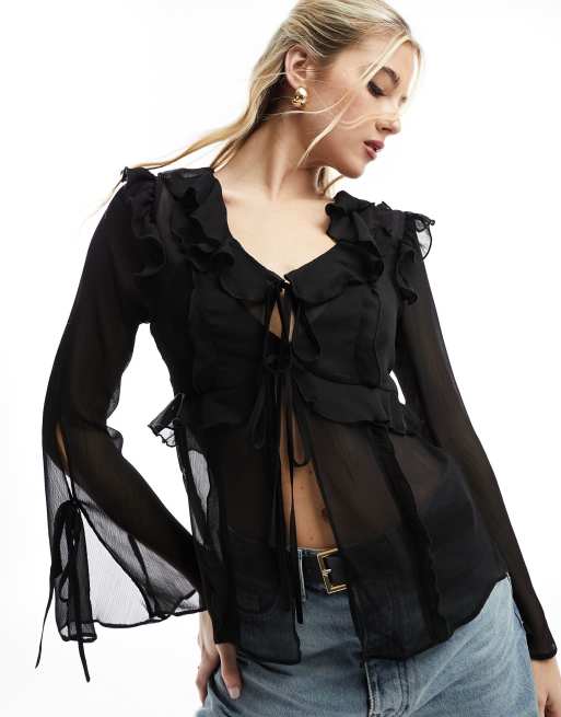 Miss Selfridge Blouse nou e devant en mousseline transparente avec volants Noir