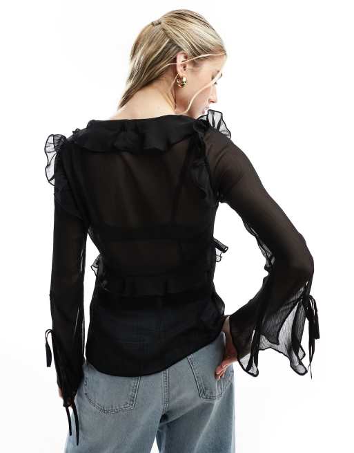 Miss Selfridge - Blouse nouée devant en mousseline transparente avec volants - Noir, 4 de 4