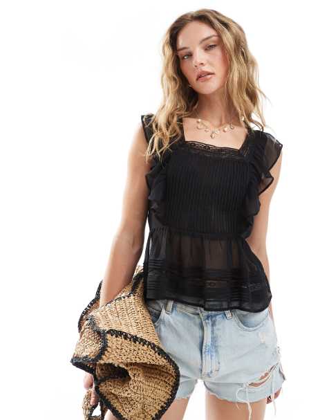 Miss Selfridge - Blouse sans manches en mousseline à empiècement en dentelle - view 1