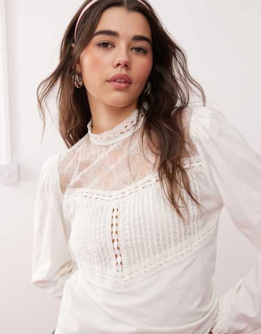 Miss Selfridge - Blouse style chasuble à empiècements en dentelle - Crème, 4 de 4