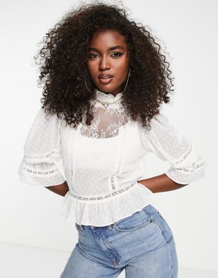 Miss Selfridge sheer lace insert victoriana blouse in ivory - ASOS Price Checker
