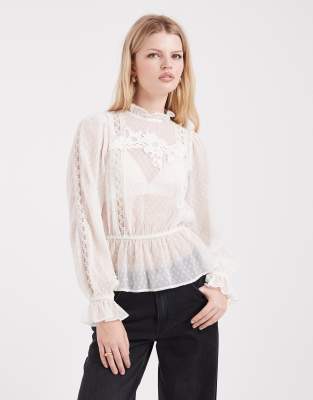 Blouse style victorien en mousseline avec broderies - Écru-Blanc 34
