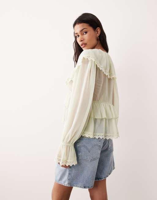 Miss Selfridge - Blouse van dobby chiffon met ruches en gestrikte voorkant in mintgroen, 4 van 4