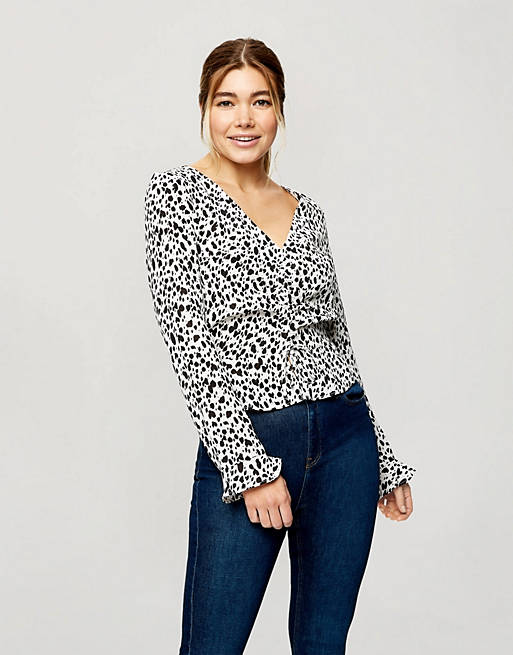 Miss Selfridge blouse with ruched sleeves in white dalmation print
