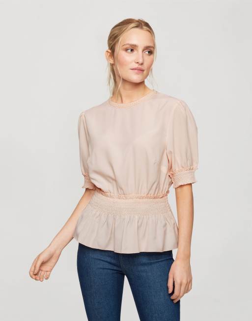 Miss Selfridge blouse with shirred waist in blush | ASOS