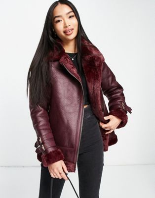 Miss Selfridge longline contrast cuff aviator jacket in burgundy - ASOS Price Checker