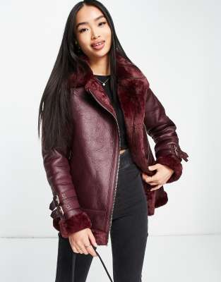 Miss Selfridge longline contrast cuff aviator jacket in burgundy - ASOS Price Checker