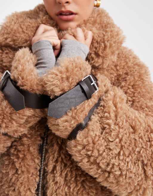 Miss Selfridge - Blouson aviateur oversize en imitation peau de mouton - Camel, 3 de 4