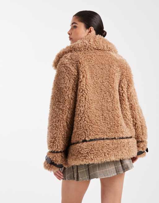 Miss Selfridge - Blouson aviateur oversize en imitation peau de mouton - Camel, 4 de 4