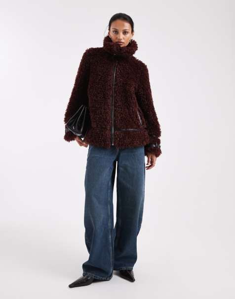 Miss Selfridge - Blouson aviateur oversize en imitation peau de mouton - Chocolat - view 1