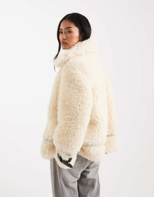Miss Selfridge - Blouson aviateur oversize en imitation peau de mouton - Crème, 4 de 4
