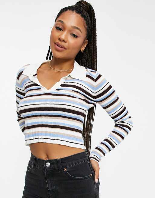 Black stripe collar polo long sleeve crop outlet top