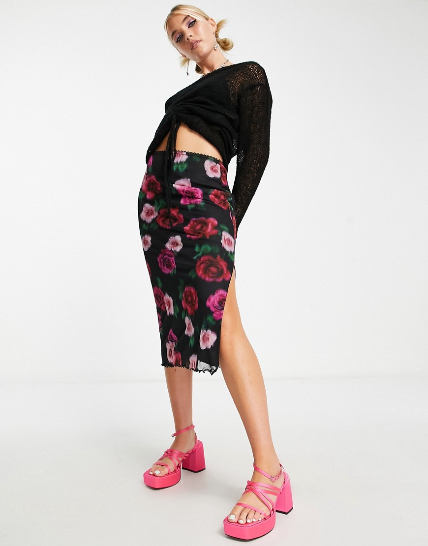 Miss Selfridge blurred rose mesh midi skirt-Multi